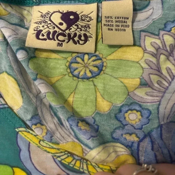 Vintage Y2K Lucky Women's Blue Yellow Floral Boho Cap Sleeves Blouse Size med - Picture 2 of 4